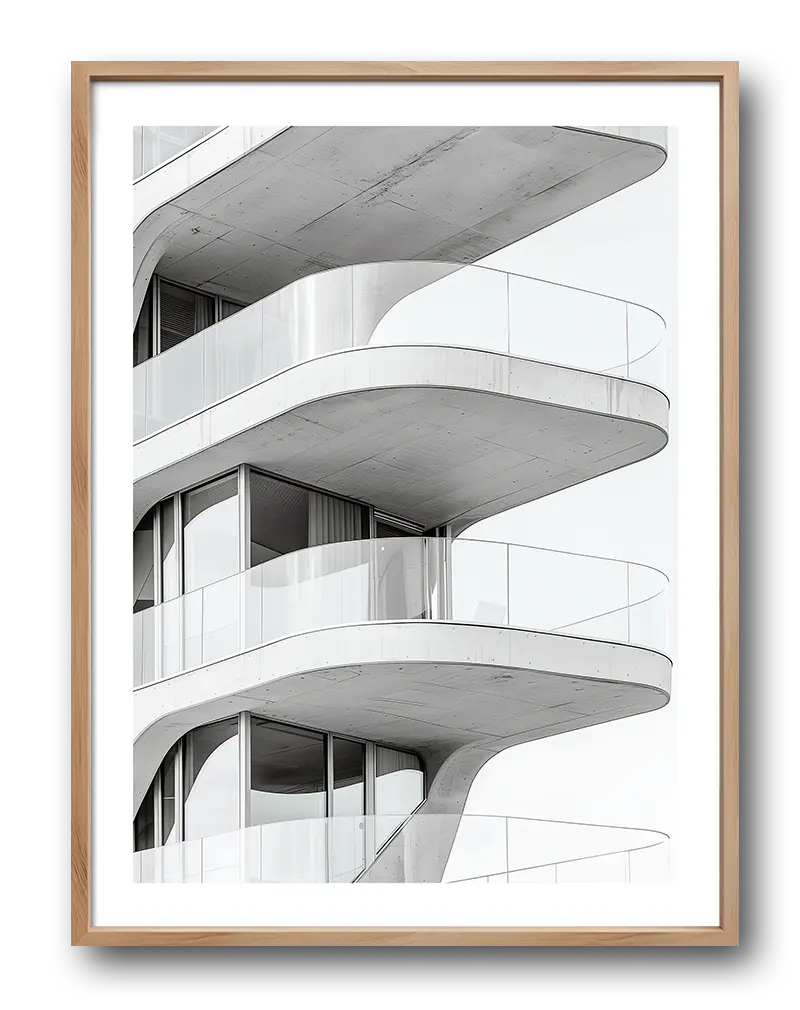 A sleek and minimalist photograph of modern architectural balconies with curved lines and glass railings. Perfect wall art for a contemporary space, bringing an elegant, urban vibe