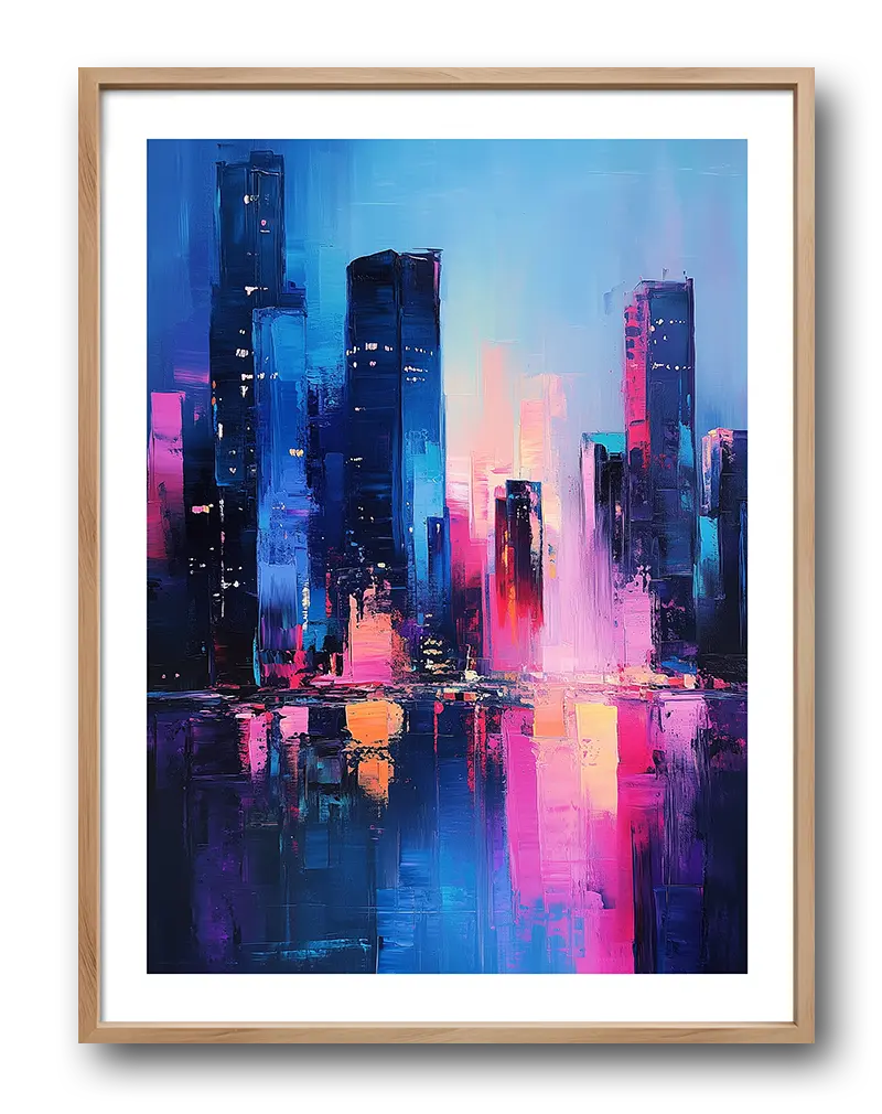 A colorful and abstract painting of a city skyline at night, with bold strokes of pink, blue, and purple. Perfect wall art for modern interiors, adding an urban and dynamic touch to any space