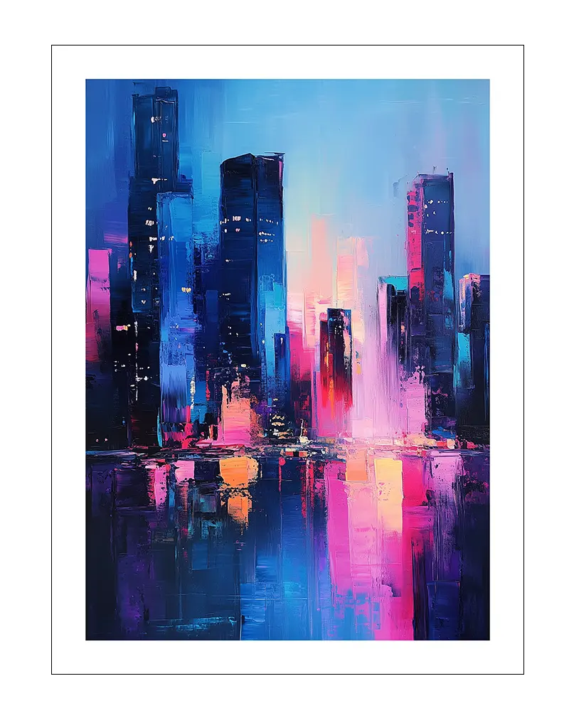 A colorful and abstract painting of a city skyline at night, with bold strokes of pink, blue, and purple. Perfect wall art for modern interiors, adding an urban and dynamic touch to any space