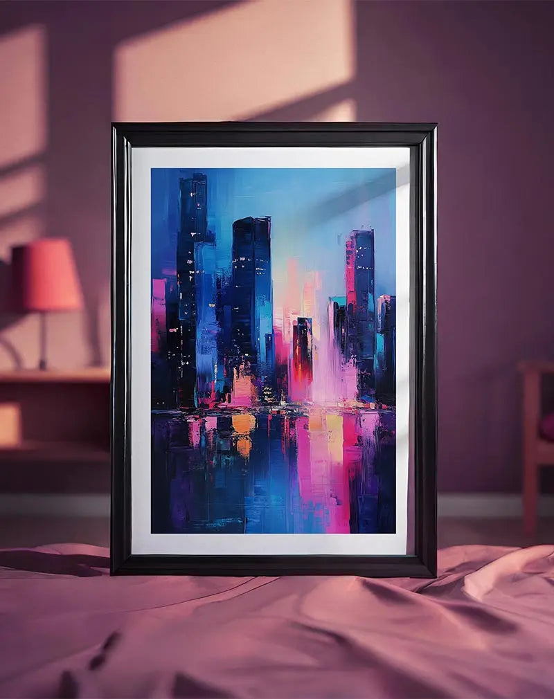 A colorful and abstract painting of a city skyline at night, with bold strokes of pink, blue, and purple. Perfect wall art for modern interiors, adding an urban and dynamic touch to any space