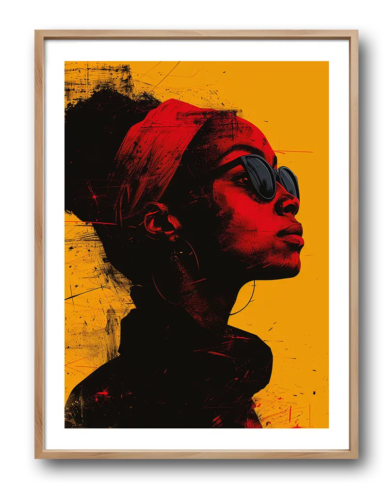 A striking portrait of a woman wearing sunglasses, with red and black tones against a vibrant orange background. Perfect wall art for adding a bold and confident vibe to any modern space