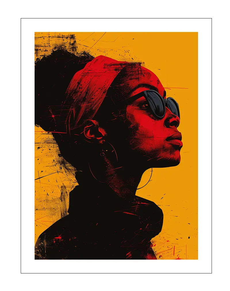 A striking portrait of a woman wearing sunglasses, with red and black tones against a vibrant orange background. Perfect wall art for adding a bold and confident vibe to any modern space