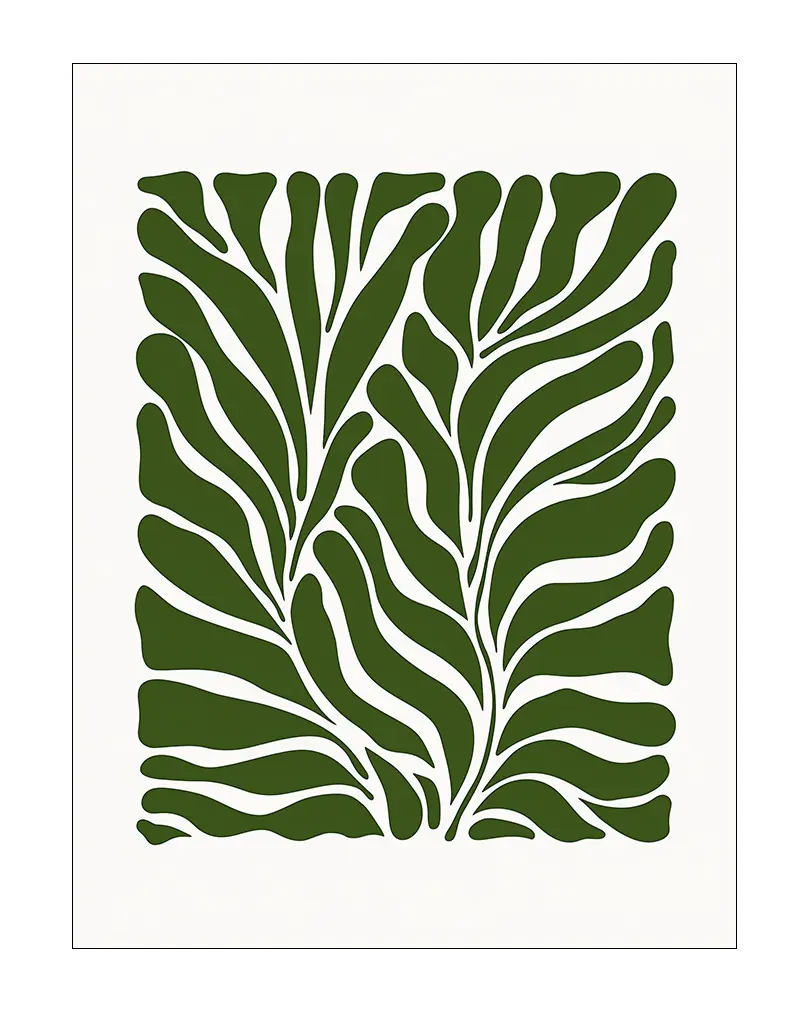 An abstract green leaf pattern set against a white background. Perfect wall art for bringing a touch of nature and modern design to any living space or office