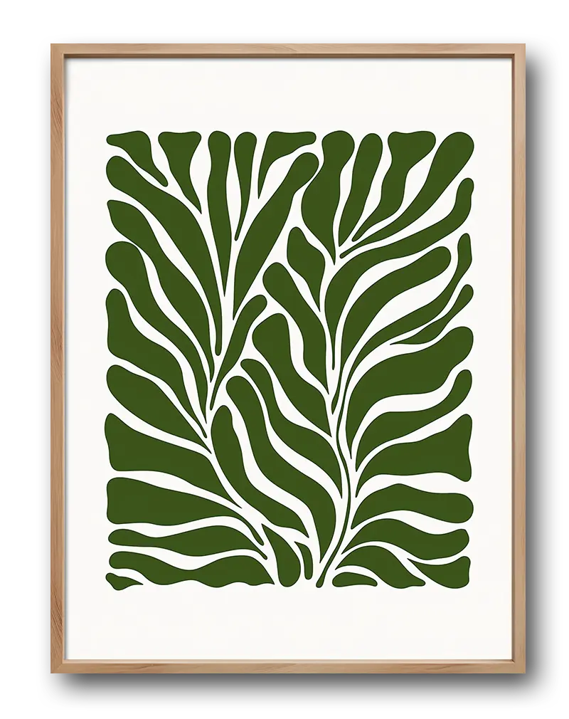 An abstract green leaf pattern set against a white background. Perfect wall art for bringing a touch of nature and modern design to any living space or office