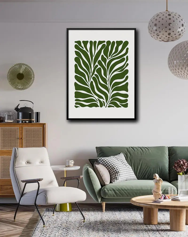 An abstract green leaf pattern set against a white background. Perfect wall art for bringing a touch of nature and modern design to any living space or office