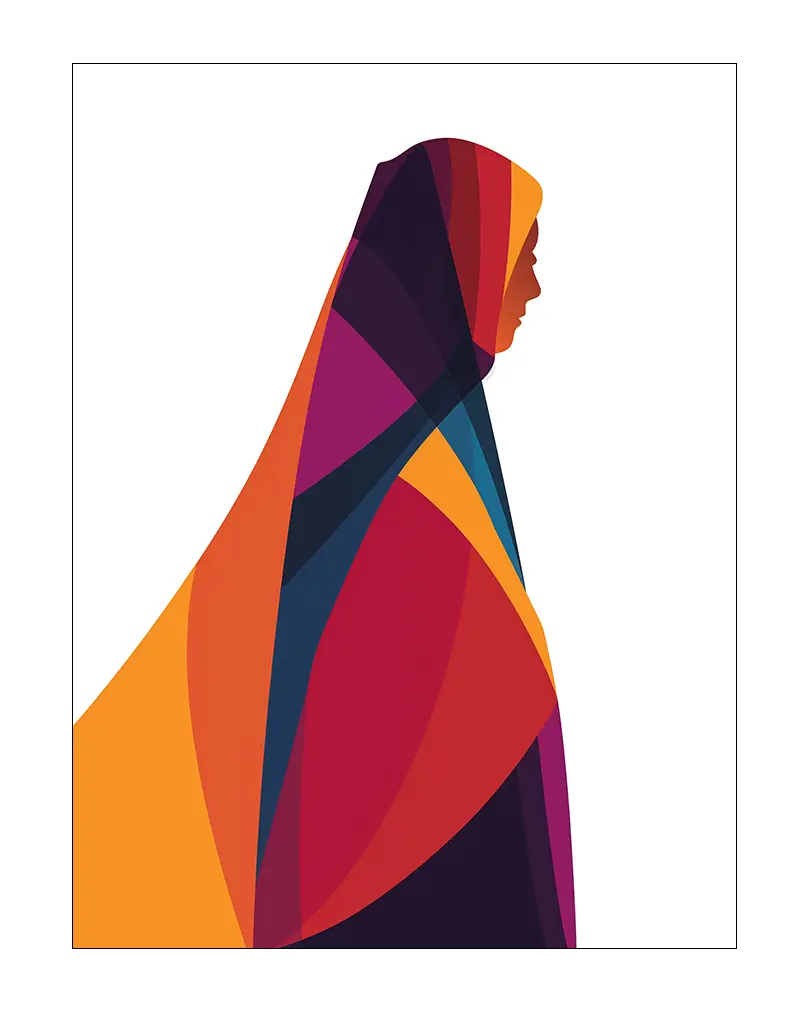 A silhouette of a woman in vibrant overlapping geometric shapes of orange, red, and blue. Perfect wall art for adding a bold and modern touch to your decor with this elegant and colorful illustration