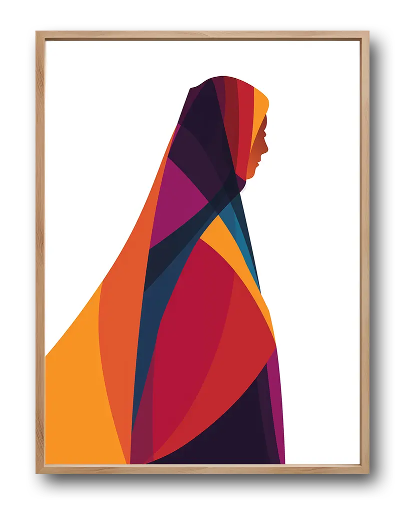 A silhouette of a woman in vibrant overlapping geometric shapes of orange, red, and blue. Perfect wall art for adding a bold and modern touch to your decor with this elegant and colorful illustration