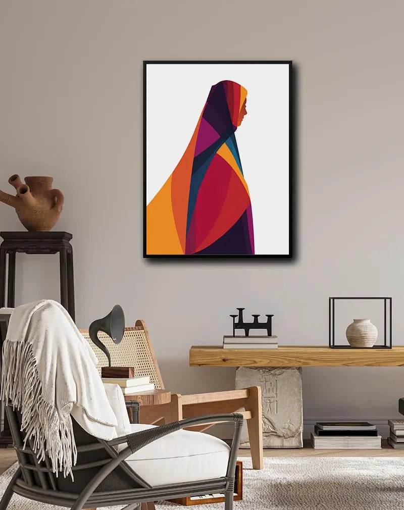 A silhouette of a woman in vibrant overlapping geometric shapes of orange, red, and blue. Perfect wall art for adding a bold and modern touch to your decor with this elegant and colorful illustration