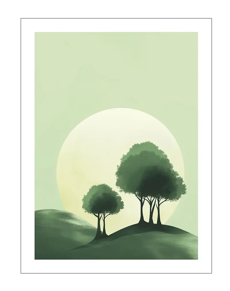 A minimalist illustration of two trees on a green hill with a large sun in the background. Perfect wall art for creating a serene and peaceful atmosphere in any room with its calming nature-inspired design