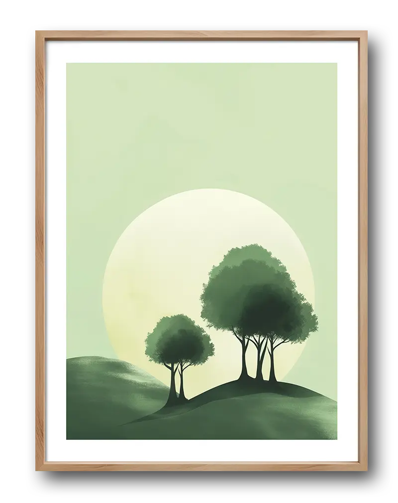 A minimalist illustration of two trees on a green hill with a large sun in the background. Perfect wall art for creating a serene and peaceful atmosphere in any room with its calming nature-inspired design