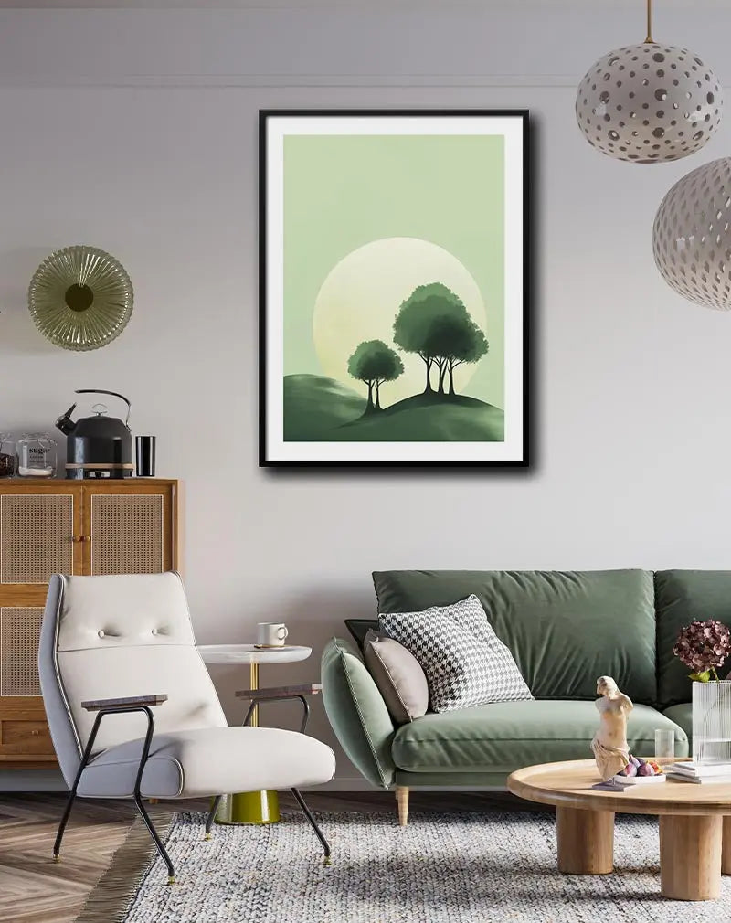 A minimalist illustration of two trees on a green hill with a large sun in the background. Perfect wall art for creating a serene and peaceful atmosphere in any room with its calming nature-inspired design