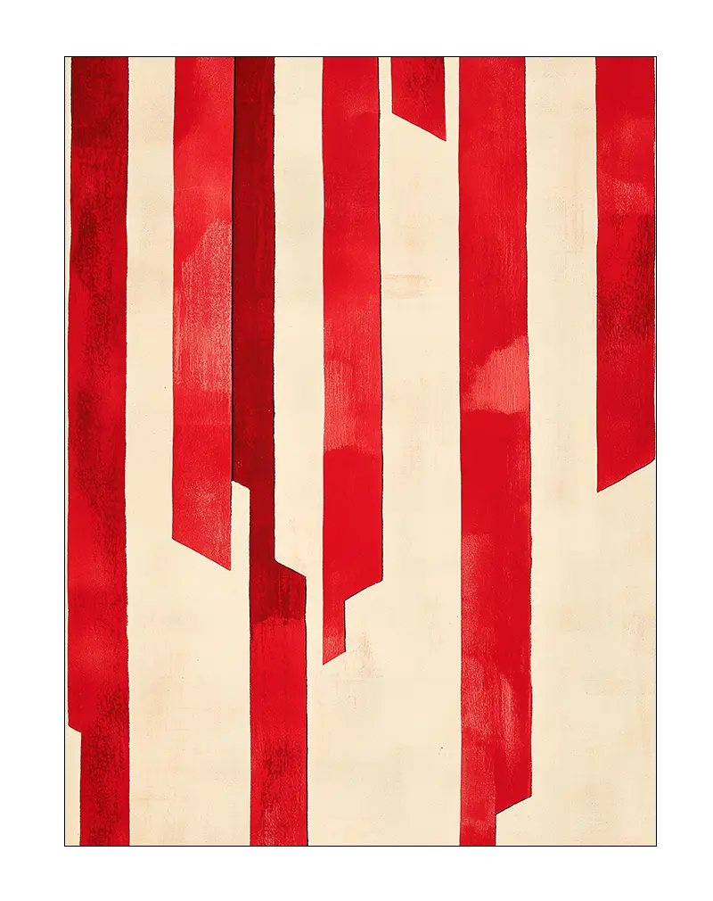 A modern abstract illustration featuring bold red vertical stripes against a beige background. Perfect wall art for adding a striking and contemporary touch to any living space