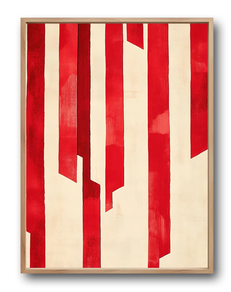 A modern abstract illustration featuring bold red vertical stripes against a beige background. Perfect wall art for adding a striking and contemporary touch to any living space