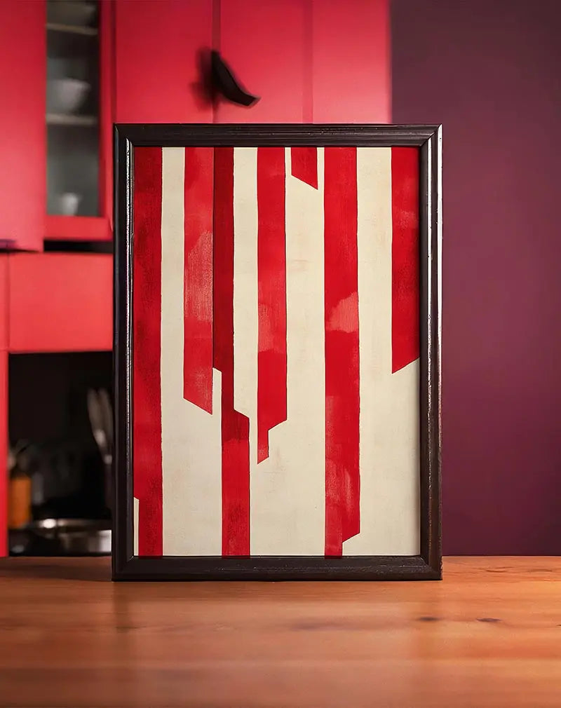 A modern abstract illustration featuring bold red vertical stripes against a beige background. Perfect wall art for adding a striking and contemporary touch to any living space