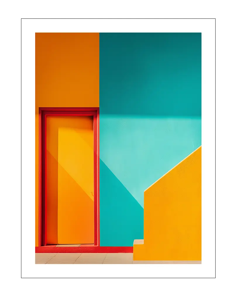 A vibrant and modern architectural composition featuring bold geometric shapes in bright orange, turquoise, and yellow tones. Perfect wall art for bringing a fresh and lively atmosphere to any room or workspace