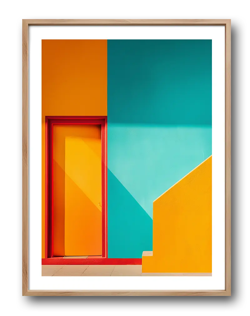 A vibrant and modern architectural composition featuring bold geometric shapes in bright orange, turquoise, and yellow tones. Perfect wall art for bringing a fresh and lively atmosphere to any room or workspace