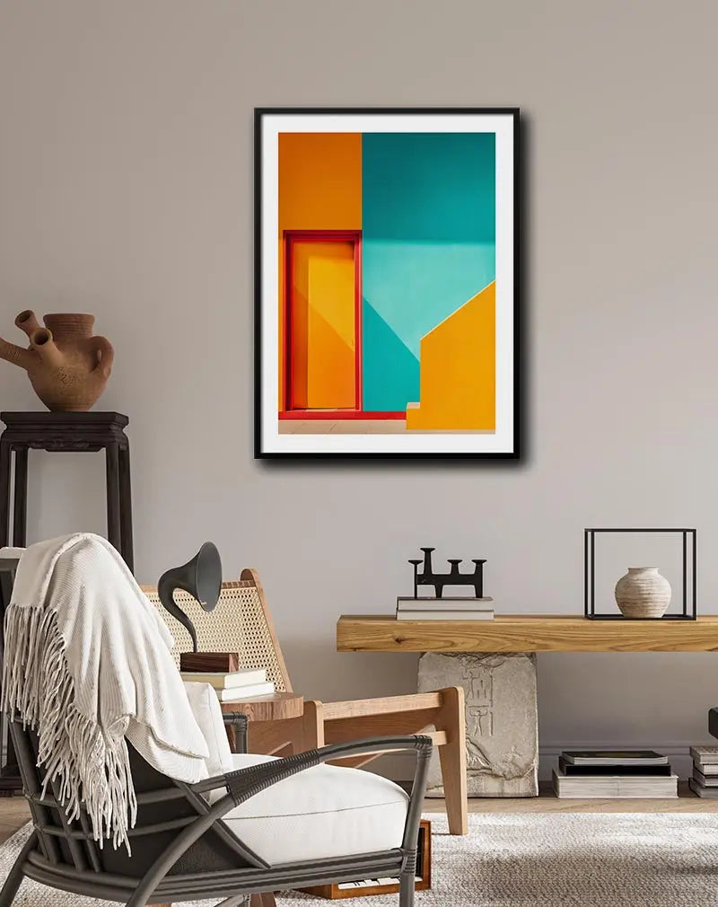 A vibrant and modern architectural composition featuring bold geometric shapes in bright orange, turquoise, and yellow tones. Perfect wall art for bringing a fresh and lively atmosphere to any room or workspace