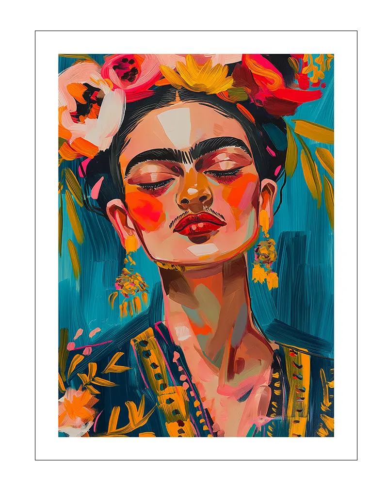 A bold and colorful portrait inspired by Frida Kahlo, with expressive brushstrokes and vibrant colors. Perfect wall art for lovers of strong and artistic statements, adding cultural flair to any space