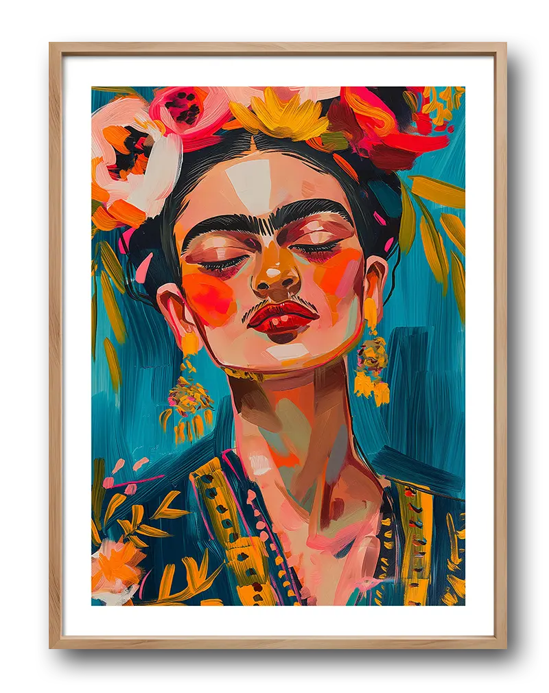 A bold and colorful portrait inspired by Frida Kahlo, with expressive brushstrokes and vibrant colors. Perfect wall art for lovers of strong and artistic statements, adding cultural flair to any space