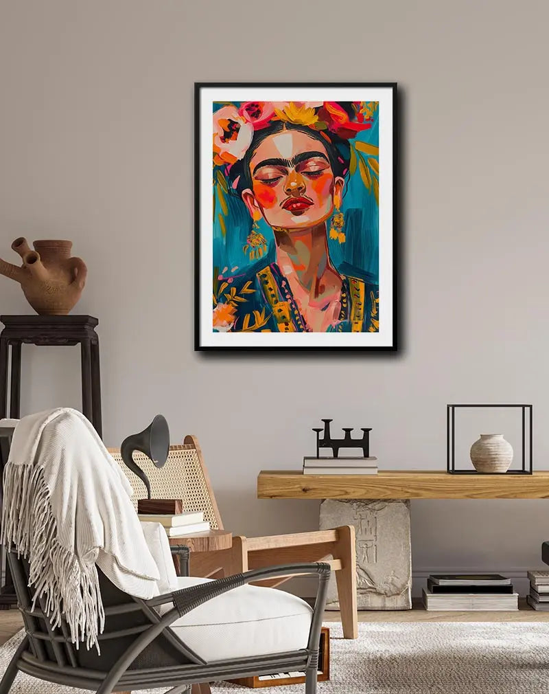 A bold and colorful portrait inspired by Frida Kahlo, with expressive brushstrokes and vibrant colors. Perfect wall art for lovers of strong and artistic statements, adding cultural flair to any space