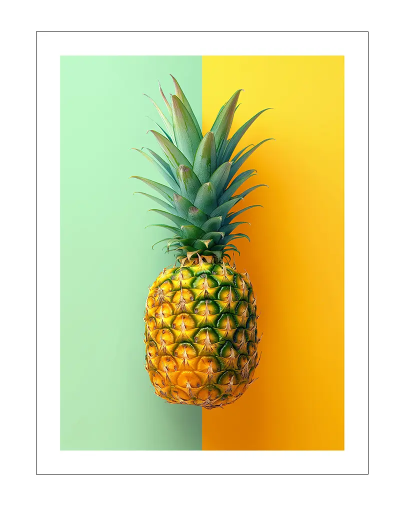 A vibrant duotone illustration of a pineapple set against split green and yellow backgrounds. Perfect wall art or poster to add a tropical and fresh vibe to any space, bringing a touch of summer indoors