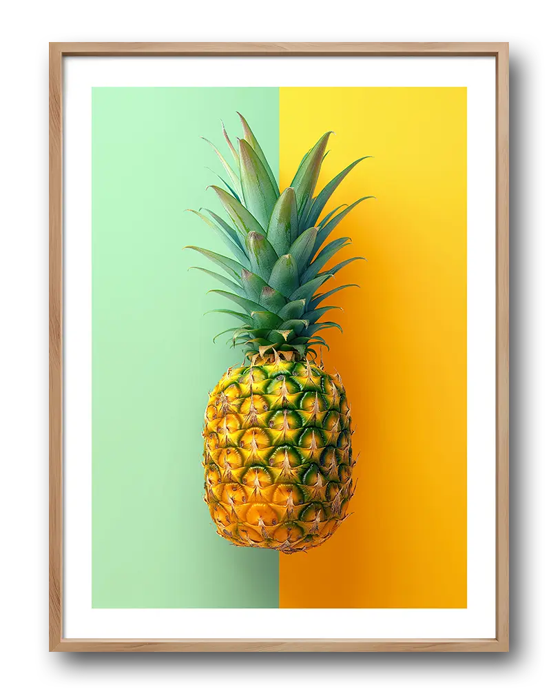 A vibrant duotone illustration of a pineapple set against split green and yellow backgrounds. Perfect wall art or poster to add a tropical and fresh vibe to any space, bringing a touch of summer indoors