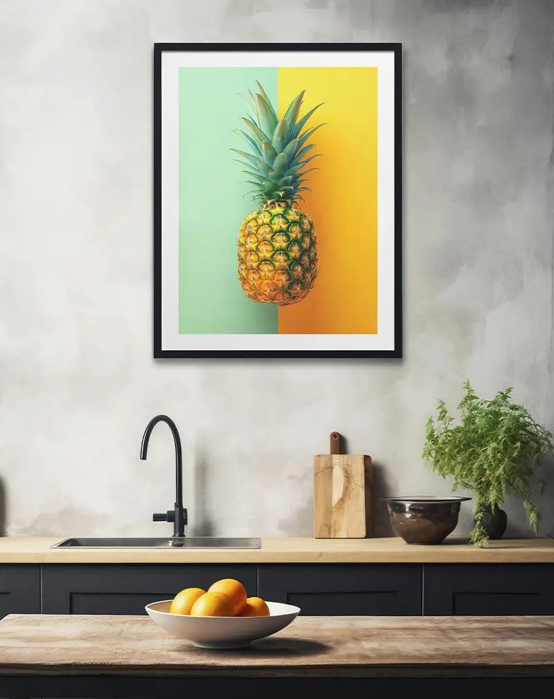 A vibrant duotone illustration of a pineapple set against split green and yellow backgrounds. Perfect wall art or poster to add a tropical and fresh vibe to any space, bringing a touch of summer indoors