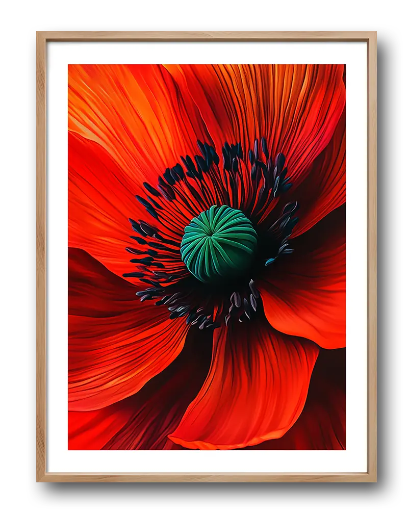 A vivid close-up of a red flower with striking black and green center details, showcasing the intricate textures of the petals. This bold floral wall art is perfect for adding a touch of nature and vibrant color to any space