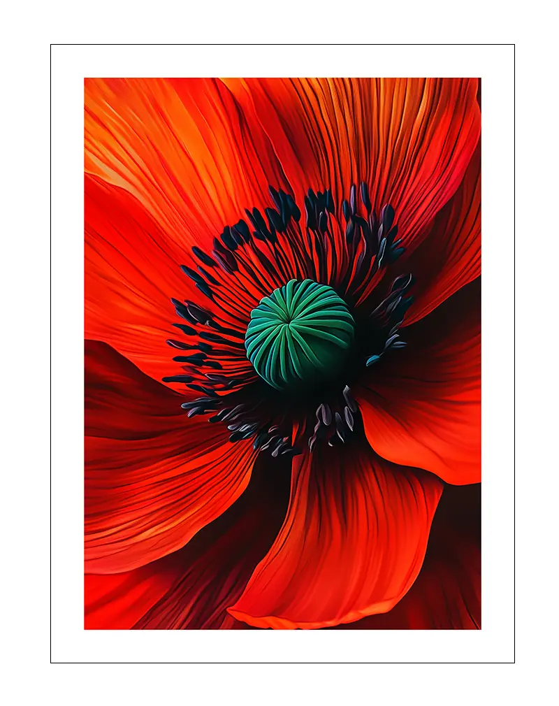 A vivid close-up of a red flower with striking black and green center details, showcasing the intricate textures of the petals. This bold floral wall art is perfect for adding a touch of nature and vibrant color to any space