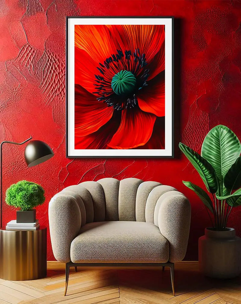 A vivid close-up of a red flower with striking black and green center details, showcasing the intricate textures of the petals. This bold floral wall art is perfect for adding a touch of nature and vibrant color to any space