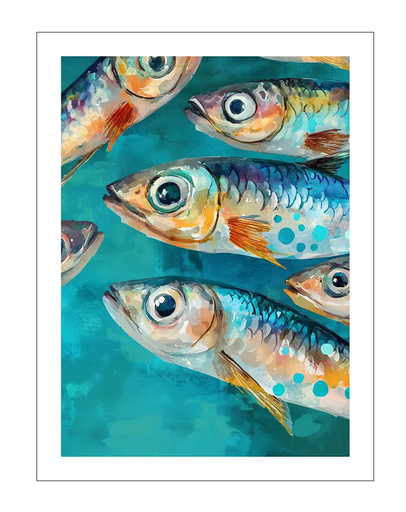 A vivid illustration of colorful fish swimming in a blue sea, full of dynamic motion and life. Perfect wall art for an aquatic-themed space or modern decor