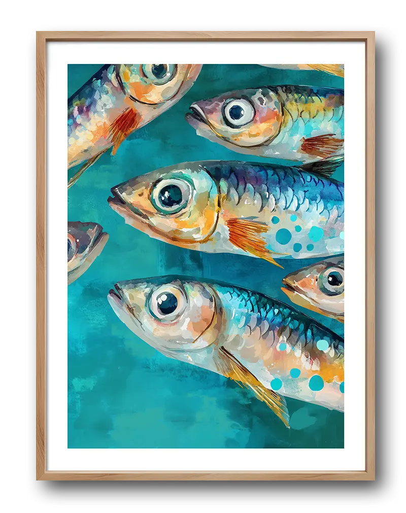 A vivid illustration of colorful fish swimming in a blue sea, full of dynamic motion and life. Perfect wall art for an aquatic-themed space or modern decor