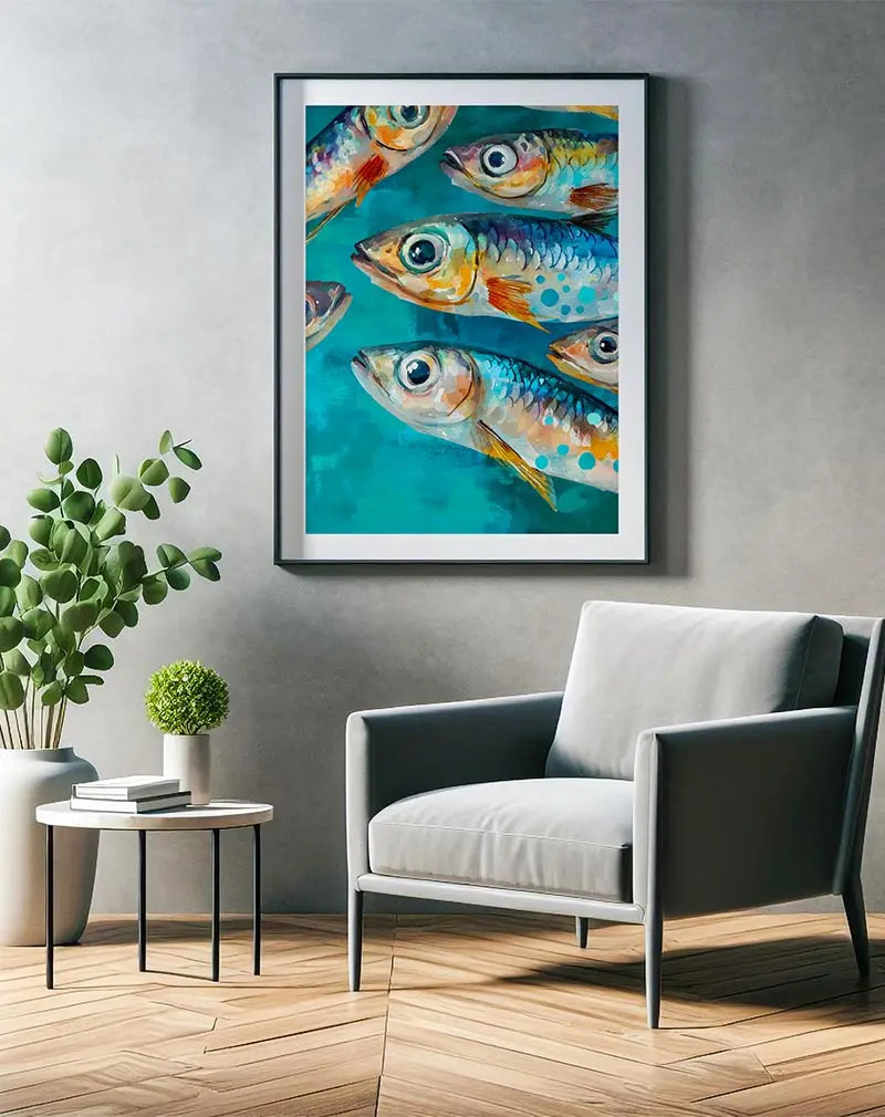 A vivid illustration of colorful fish swimming in a blue sea, full of dynamic motion and life. Perfect wall art for an aquatic-themed space or modern decor