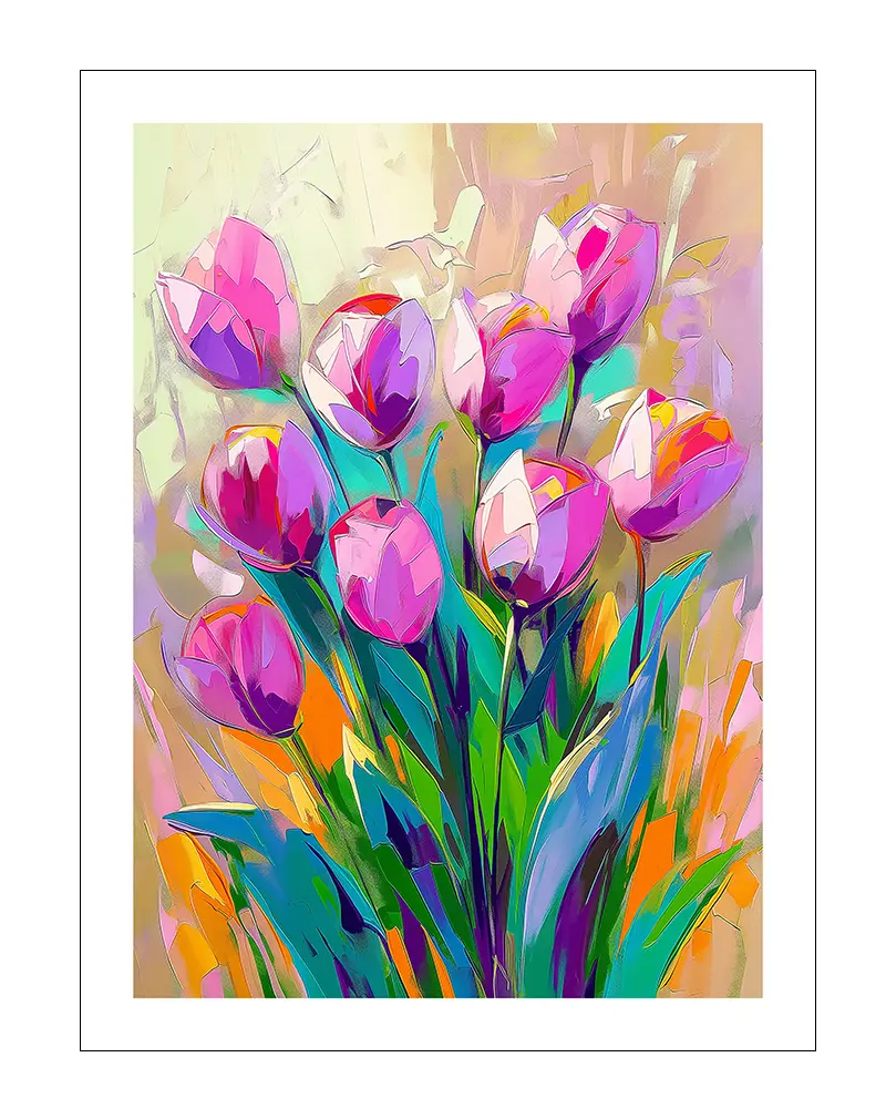 A vibrant illustration of blooming tulips in bold colors, creating a lively and dynamic floral composition. Perfect wall art for brightening up any space or adding a fresh touch to your decor