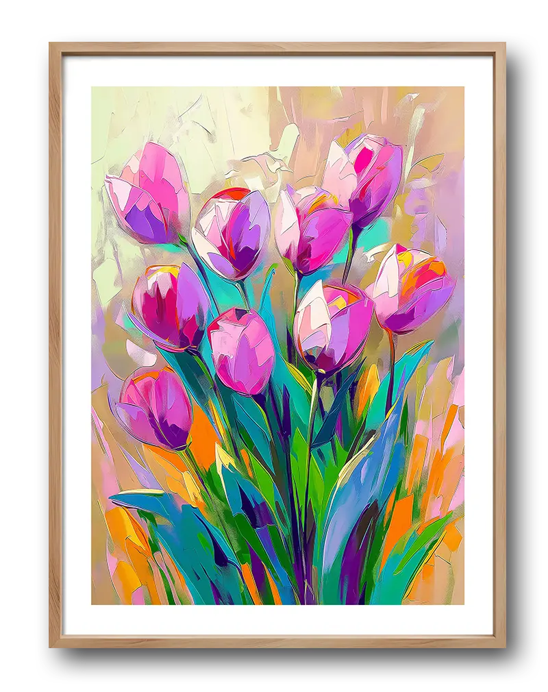 A vibrant illustration of blooming tulips in bold colors, creating a lively and dynamic floral composition. Perfect wall art for brightening up any space or adding a fresh touch to your decor