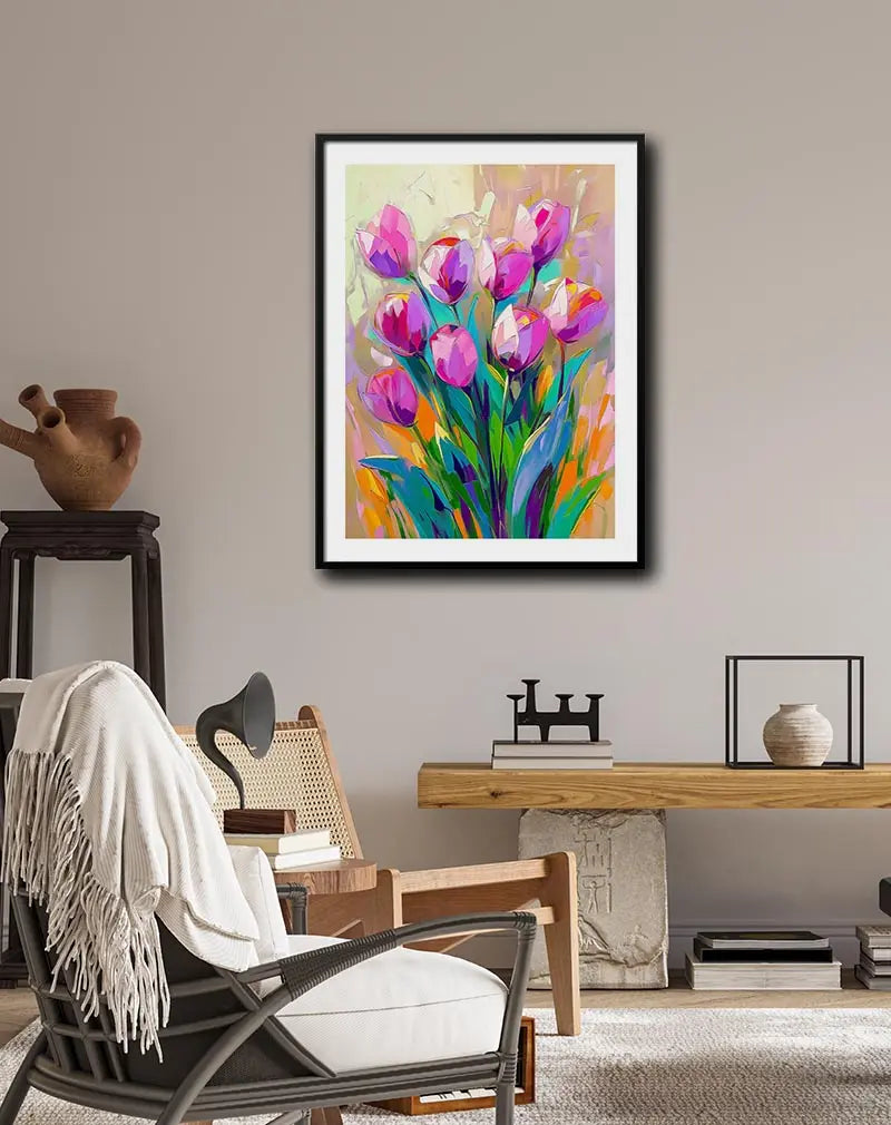 A vibrant illustration of blooming tulips in bold colors, creating a lively and dynamic floral composition. Perfect wall art for brightening up any space or adding a fresh touch to your decor