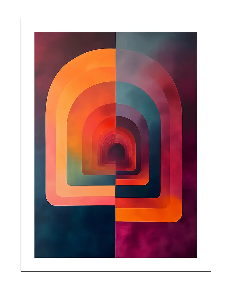 A mesmerizing geometric poster featuring layered arches in a gradient of vibrant colors. This striking wall art brings depth and modern style to any interior. Perfect illustration for adding a contemporary touch to your decor