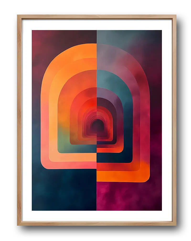 A mesmerizing geometric poster featuring layered arches in a gradient of vibrant colors. This striking wall art brings depth and modern style to any interior. Perfect illustration for adding a contemporary touch to your decor