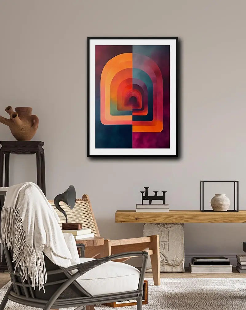 A mesmerizing geometric poster featuring layered arches in a gradient of vibrant colors. This striking wall art brings depth and modern style to any interior. Perfect illustration for adding a contemporary touch to your decor