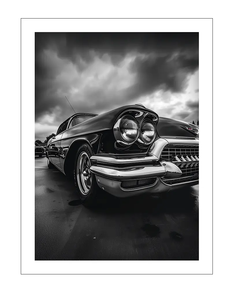 A stunning black and white photograph of a vintage classic car with dramatic clouds in the background. This retro wall art captures the essence of timeless automotive design. Perfect illustration for car enthusiasts or lovers of classic style