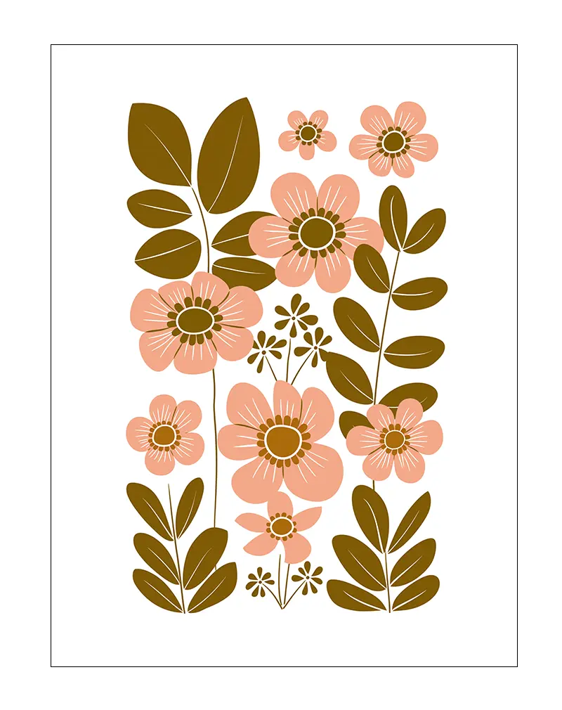 A charming retro-style illustration of flowers and leaves in soft pink and brown tones. This botanical wall art adds a touch of nature and vintage flair to any space. Perfect for creating a peaceful and stylish atmosphere