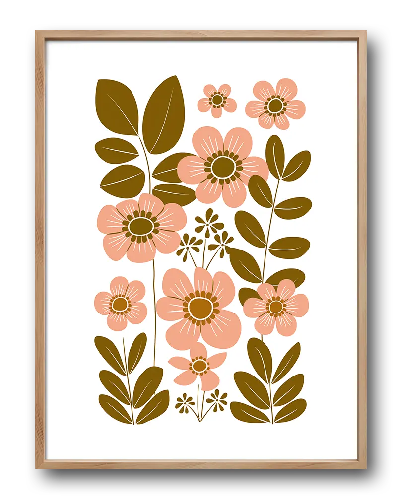 A charming retro-style illustration of flowers and leaves in soft pink and brown tones. This botanical wall art adds a touch of nature and vintage flair to any space. Perfect for creating a peaceful and stylish atmosphere