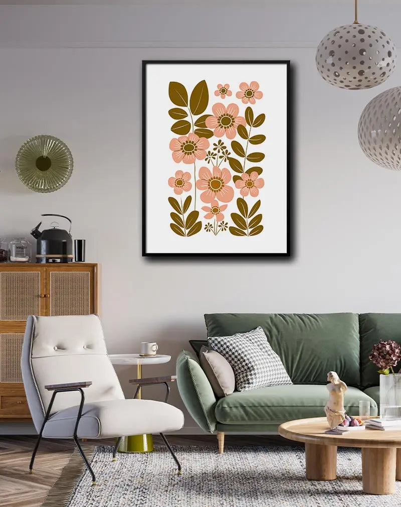 A charming retro-style illustration of flowers and leaves in soft pink and brown tones. This botanical wall art adds a touch of nature and vintage flair to any space. Perfect for creating a peaceful and stylish atmosphere