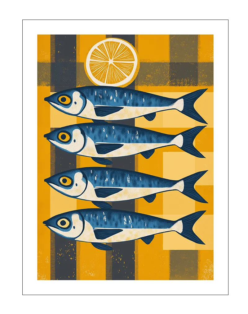 A playful illustration of four blue fish with a lemon slice on a yellow and gray checkered background. This charming wall art adds a quirky touch of seaside inspiration, perfect for kitchens or dining areas