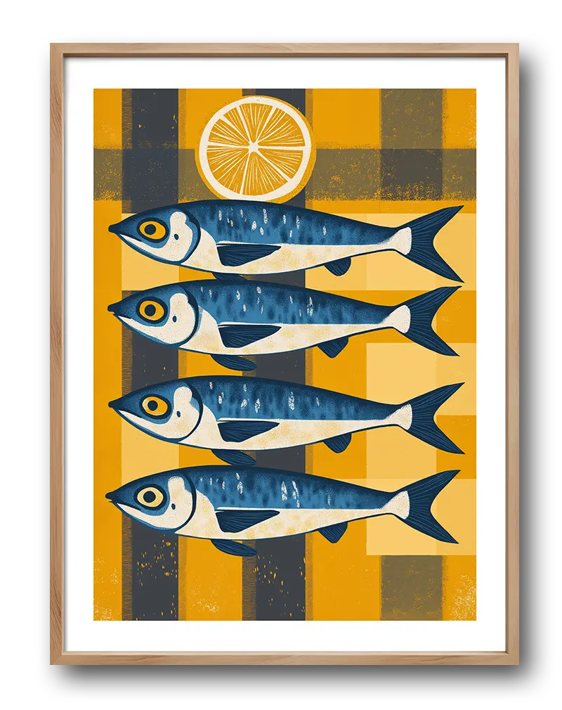 A playful illustration of four blue fish with a lemon slice on a yellow and gray checkered background. This charming wall art adds a quirky touch of seaside inspiration, perfect for kitchens or dining areas