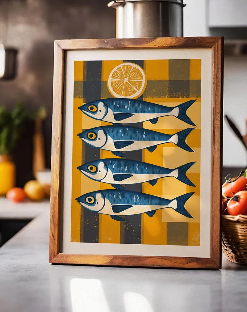 A playful illustration of four blue fish with a lemon slice on a yellow and gray checkered background. This charming wall art adds a quirky touch of seaside inspiration, perfect for kitchens or dining areas