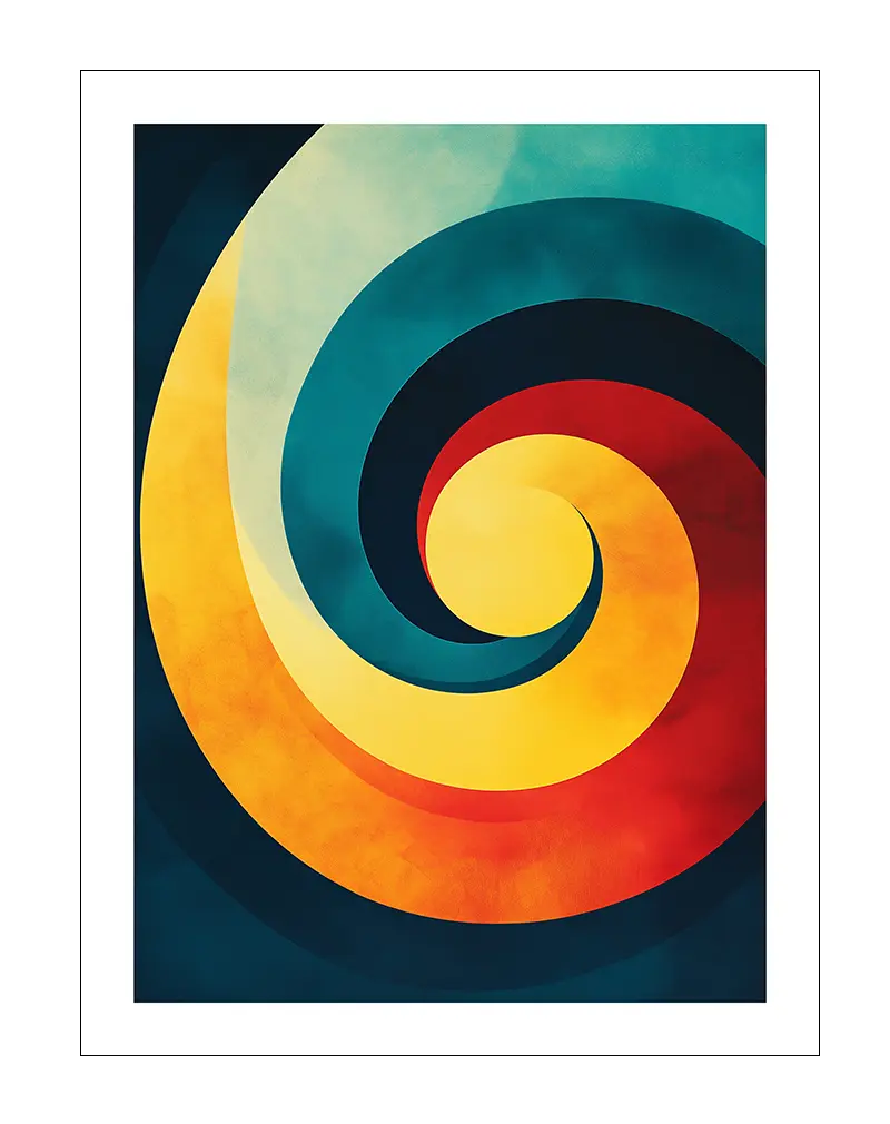 A vibrant abstract spiral design in yellow, red, and blue tones. This dynamic wall art poster creates a sense of movement and energy, adding a modern and artistic touch to any room. Perfect for brightening up a contemporary space