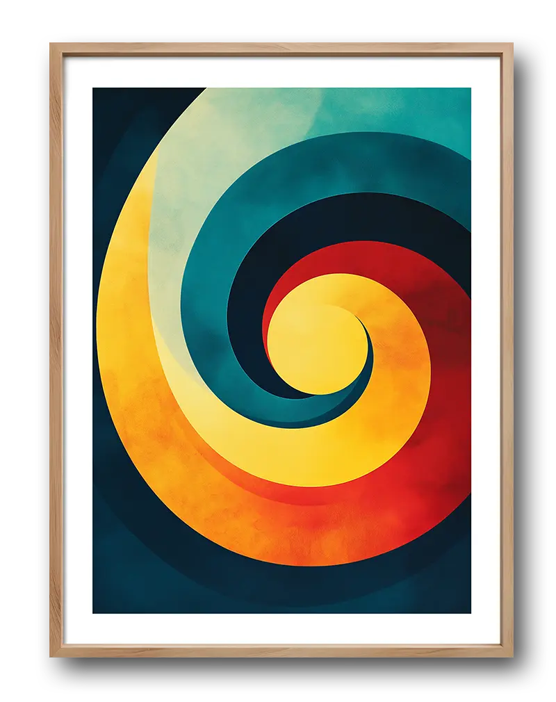 A vibrant abstract spiral design in yellow, red, and blue tones. This dynamic wall art poster creates a sense of movement and energy, adding a modern and artistic touch to any room. Perfect for brightening up a contemporary space