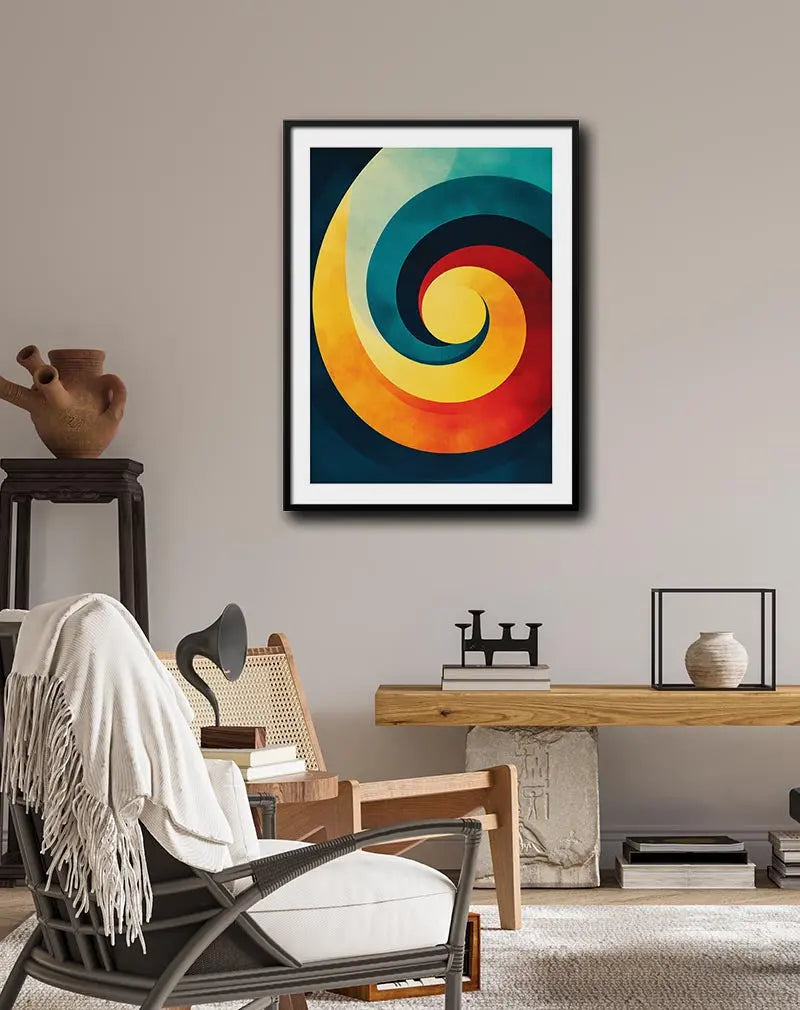 A vibrant abstract spiral design in yellow, red, and blue tones. This dynamic wall art poster creates a sense of movement and energy, adding a modern and artistic touch to any room. Perfect for brightening up a contemporary space