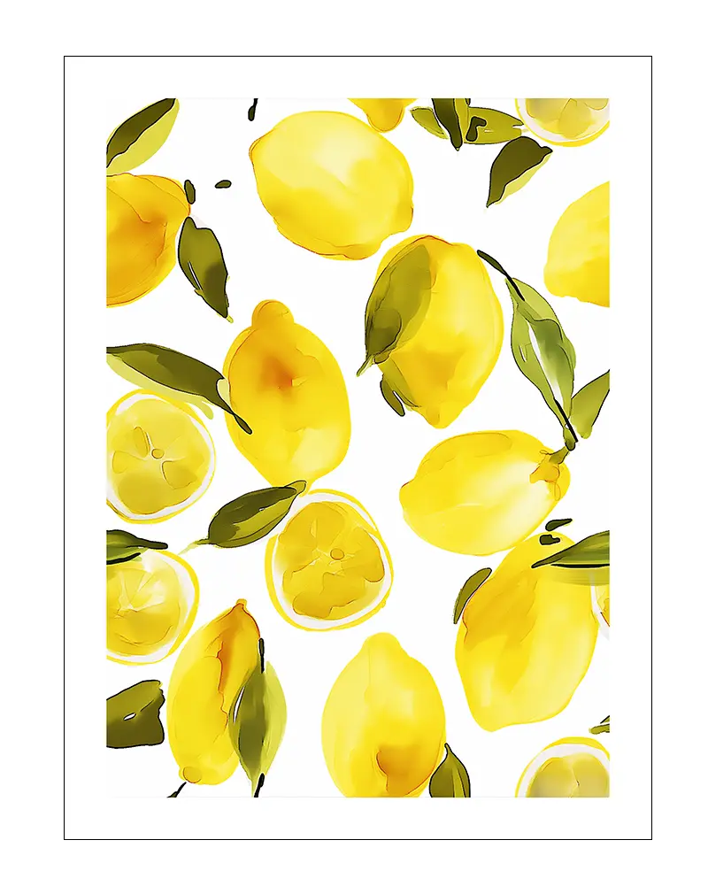 A vibrant lemon pattern with bright yellow lemons and green leaves on a white background. This fresh and lively wall art poster is perfect for bringing a burst of energy and color to a kitchen or dining area, creating a refreshing and uplifting atmosphere